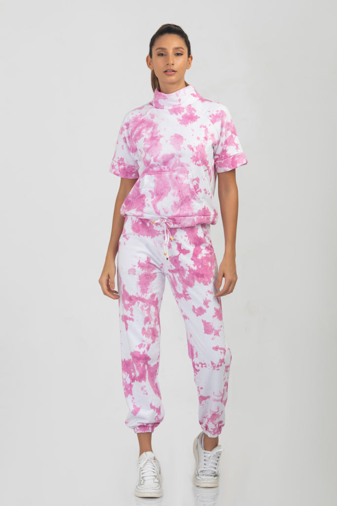 Tie Dye Jogger Set in Pink Color Half Sleeve Quadriclothingco