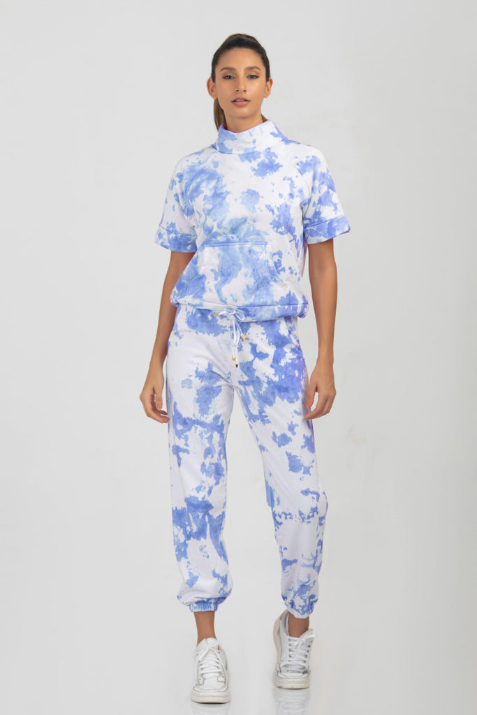 Tie-Dye Jogger Set in Sky Blue Color-Half Sleeve