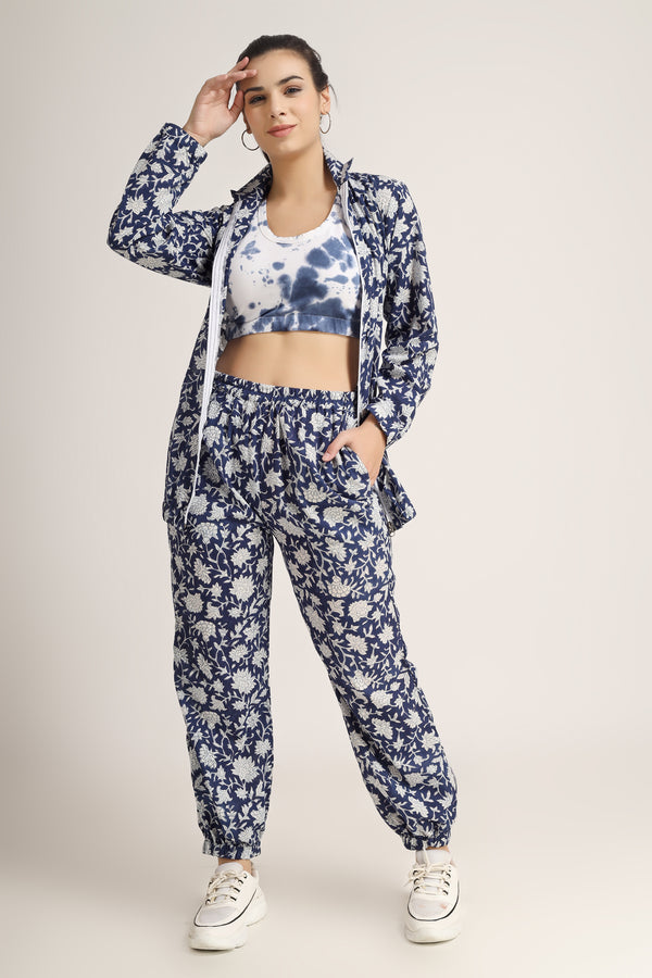 Block Print Cotton Co-ord Set-Zipper Jacket style with Jogger Pants